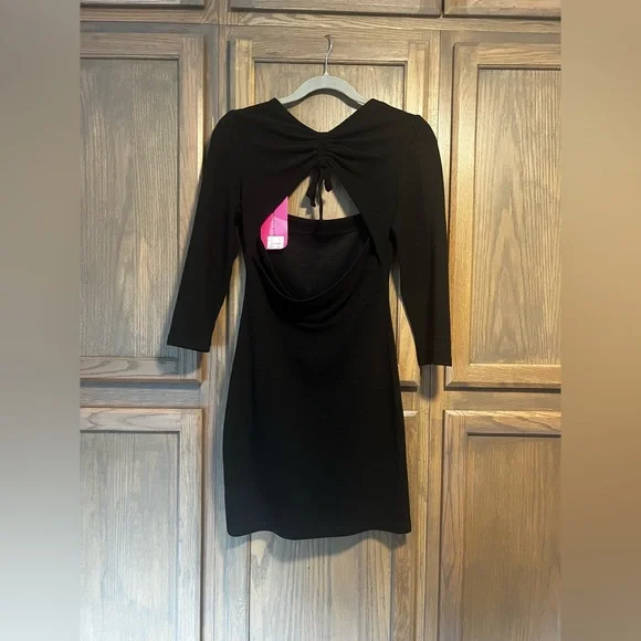 Betsey Johnson Black Ribbed Long Sleeve Minidress with Back Cut-Out - Picture 2 of 3